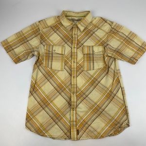 PrAna Men's Size L 100% Organic Cotton Plaid Short Sleeve Button Up Shirt Yellow